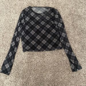 long sleeve plaid,mesh see-thru top